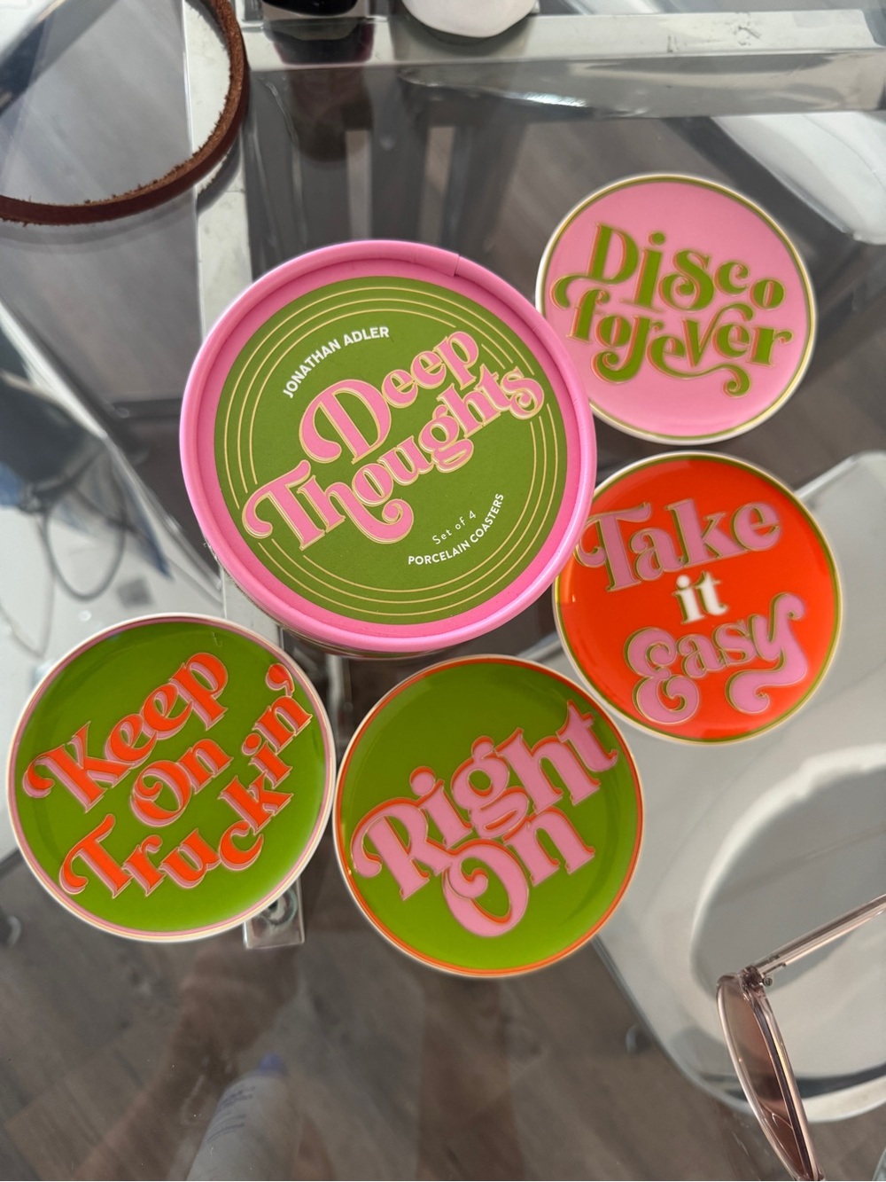 Jonathan Adler Porcelain Coaster Set — Pink, Green & Gold Accent
